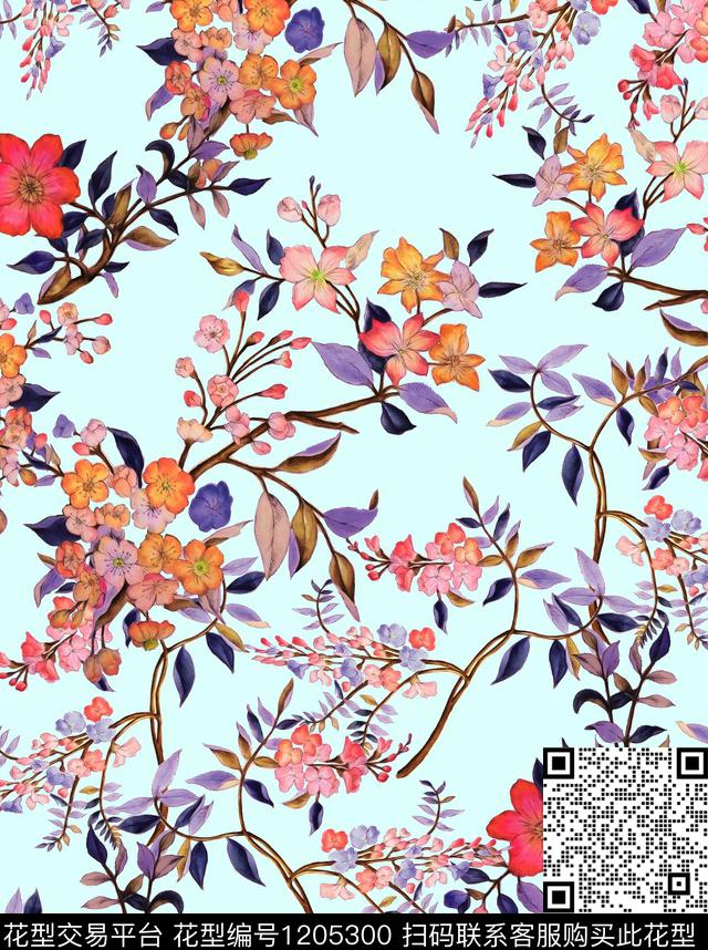 清爽底花卉水彩花卉植物数码印花华亿平台下载（图片编号: 1205300） - 瓦栏（Walan）