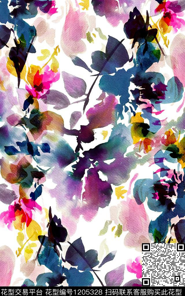 水彩花卉洋阳---花卉丝绸真丝数码印花华亿平台下载（图片编号: 1205328） - 瓦栏（Walan）