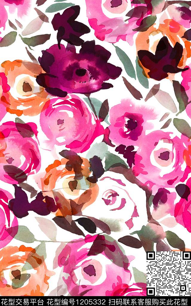 水彩花卉洋阳---花卉丝绸真丝数码印花华亿平台下载（图片编号: 1205332） - 瓦栏（Walan）