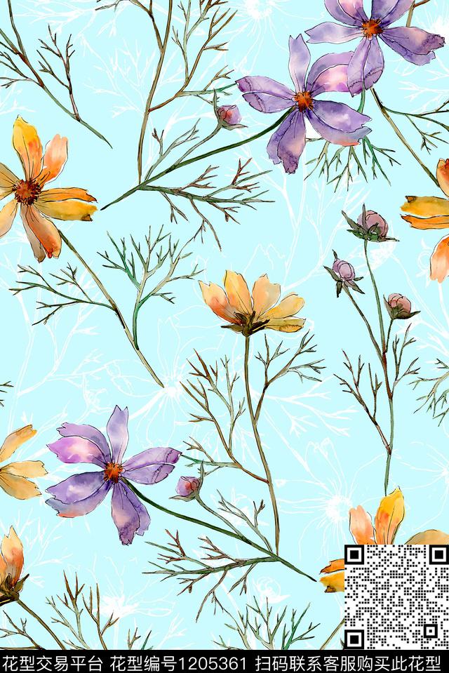 春夏华亿平台水彩花卉大牌风数码印花华亿平台下载（图片编号: 1205361） - 瓦栏（Walan）