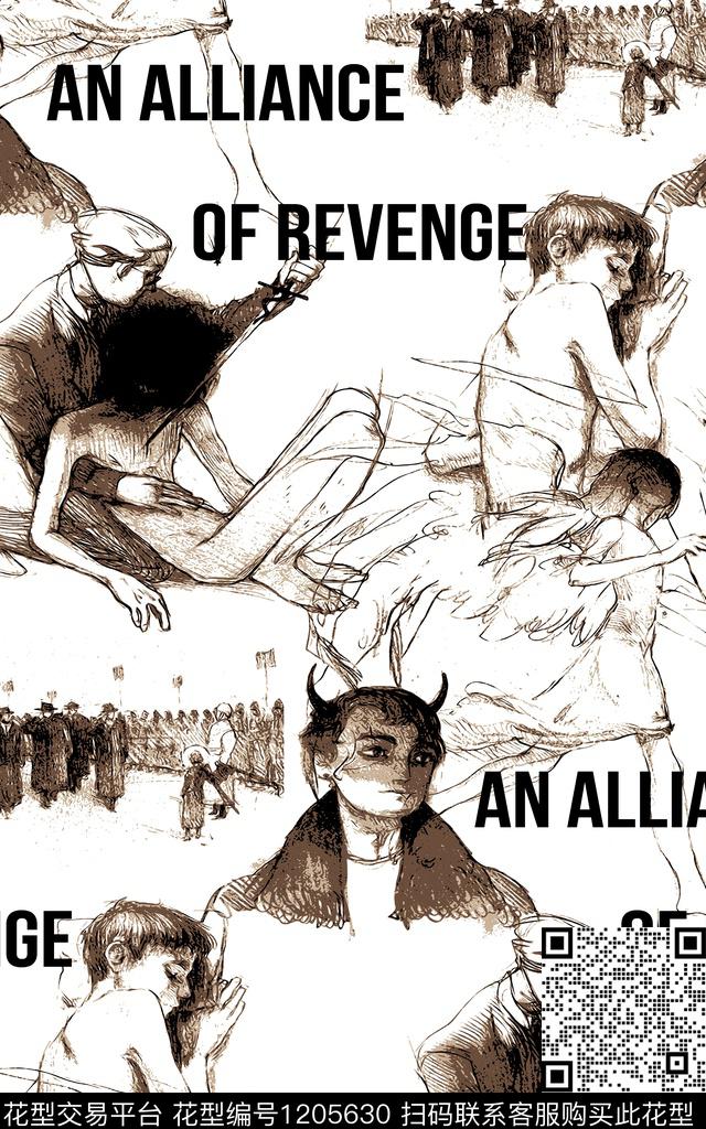 字母手绘人物传统印花华亿平台下载（图片编号: 1205630） - 瓦栏（Walan）