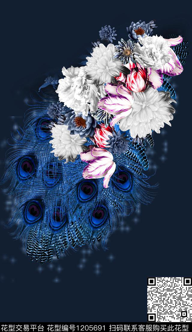花卉羽毛定位花数码印花华亿平台下载（图片编号: 1205691） - 瓦栏（Walan）