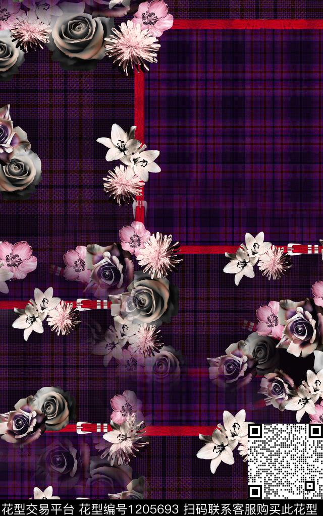 几何格子花卉数码印花华亿平台下载（图片编号: 1205693） - 瓦栏（Walan）