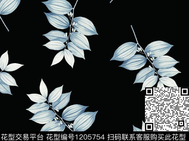 绿植树叶黑反白精致花卉数码印花华亿平台下载（图片编号: 1205754） - 瓦栏（Walan）