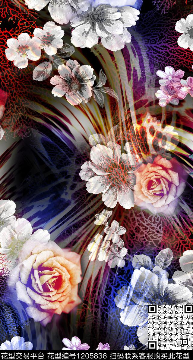 朦胧花卉黑底花卉黑白彩铅数码印花华亿平台下载（图片编号: 1205836） - 瓦栏（Walan）