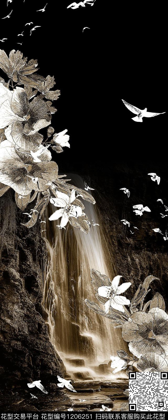 花卉瀑布鸟数码印花华亿平台下载（图片编号: 1206251） - 瓦栏（Walan）