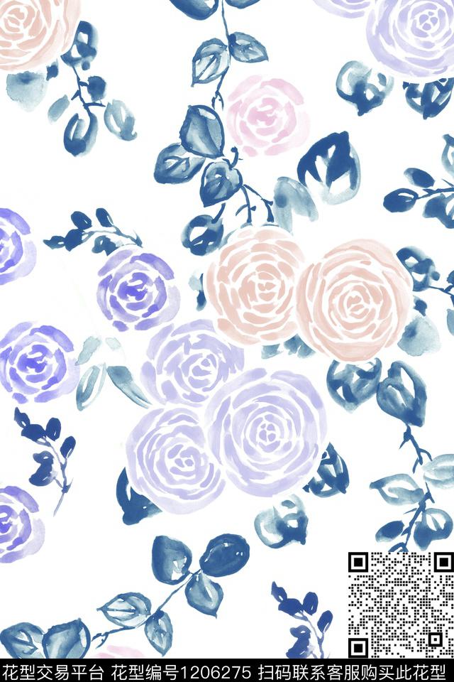 大花水彩花卉花卉传统印花华亿平台下载（图片编号: 1206275） - 瓦栏（Walan）