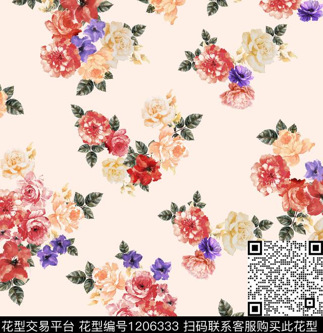 水彩花卉花卉手绘玫瑰数码印花华亿平台下载（图片编号: 1206333） - 瓦栏（Walan）