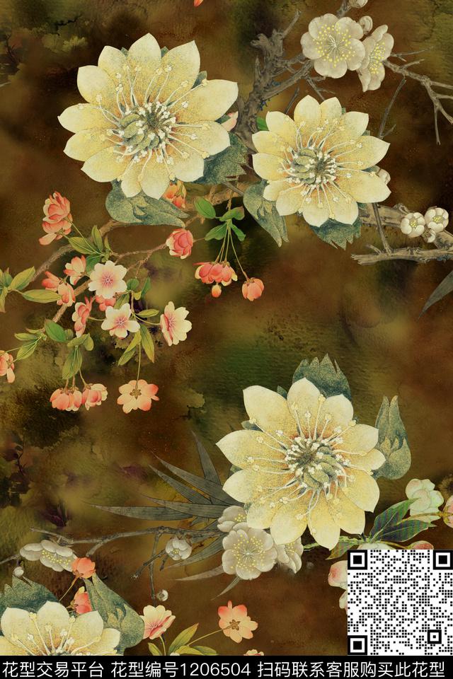 海棠花卉香云纱数码印花华亿平台下载（图片编号: 1206504） - 瓦栏（Walan）