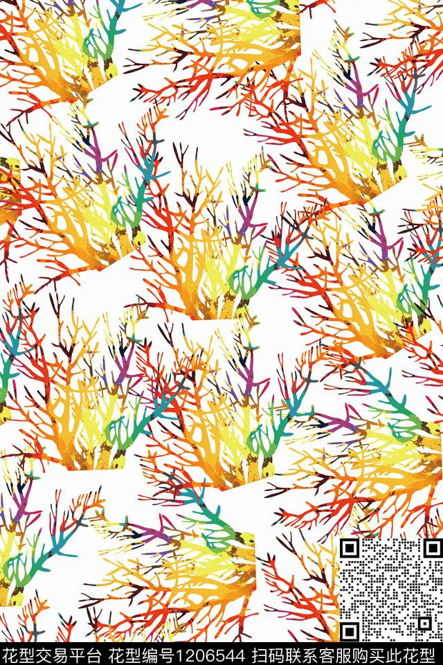 树枝手绘植物数码印花华亿平台下载（图片编号: 1206544） - 瓦栏（Walan）