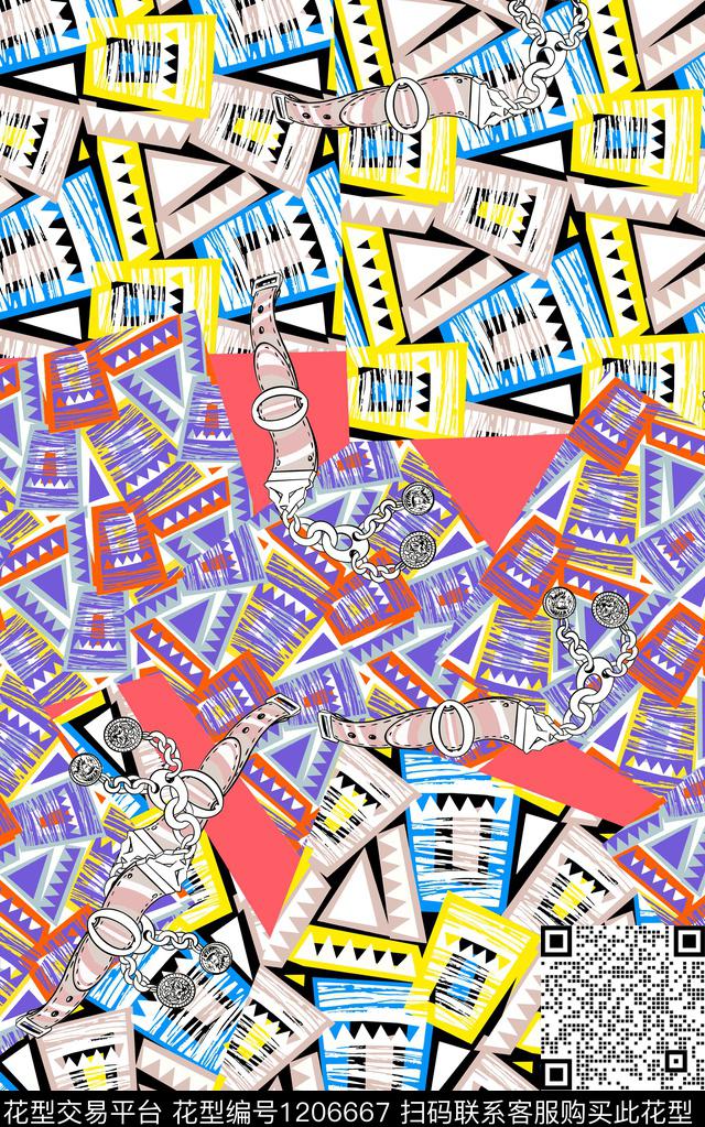 几何线条混合拼接数码印花华亿平台下载（图片编号: 1206667） - 瓦栏（Walan）
