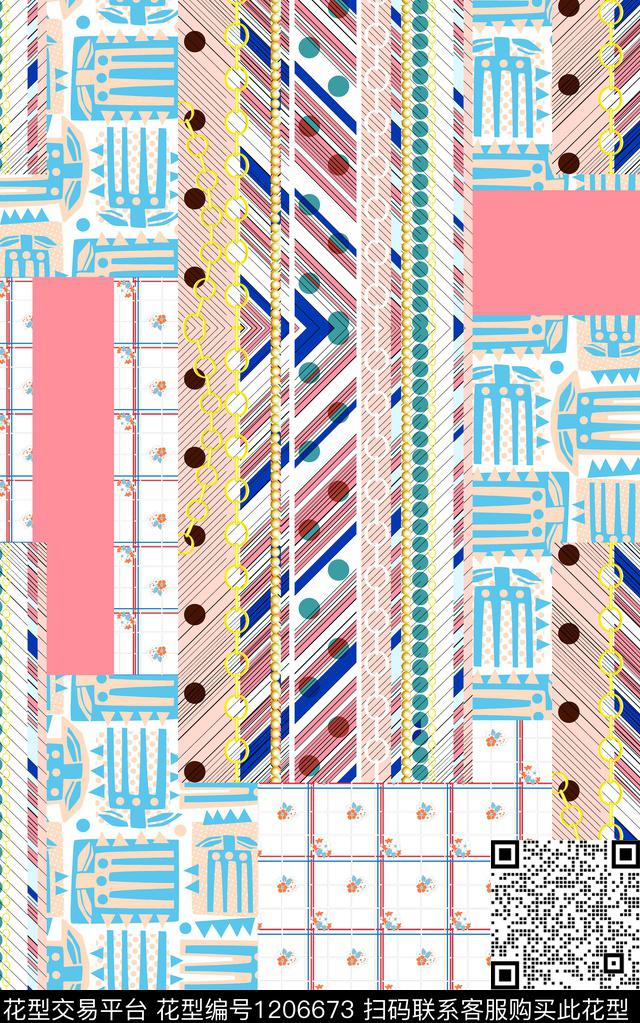 几何线条混合拼接数码印花华亿平台下载（图片编号: 1206673） - 瓦栏（Walan）