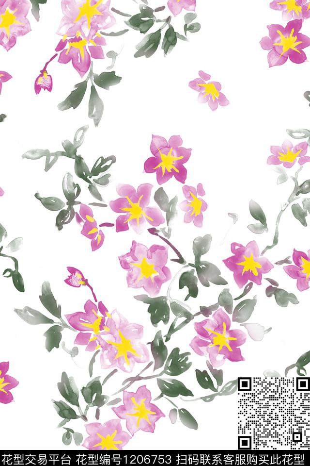 大花牵牛花水彩花卉数码印花华亿平台下载（图片编号: 1206753） - 瓦栏（Walan）