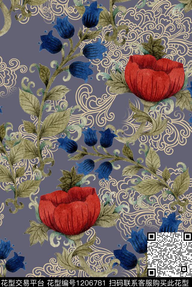 抽象花卉民族花卉数码印花华亿平台下载（图片编号: 1206781） - 瓦栏（Walan）