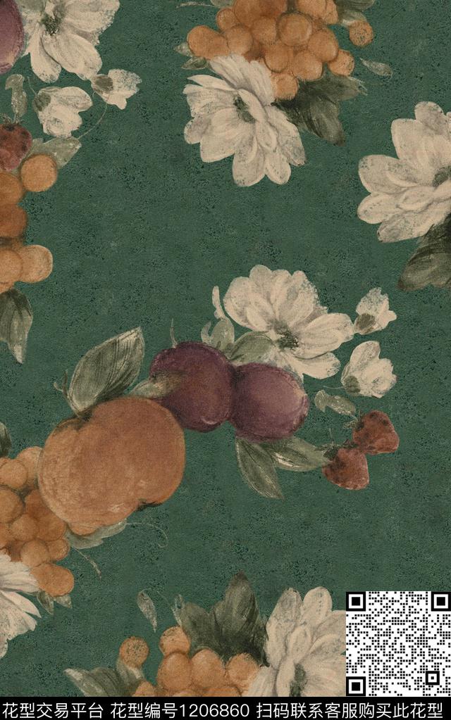 抽象花卉手绘复古印花大牌民族风数码印花华亿平台下载（图片编号: 1206860） - 瓦栏（Walan）