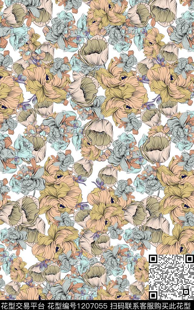 花卉线条简约数码印花华亿平台下载（图片编号: 1207055） - 瓦栏（Walan）