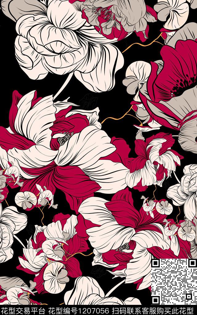 花卉线条简约数码印花华亿平台下载（图片编号: 1207056） - 瓦栏（Walan）