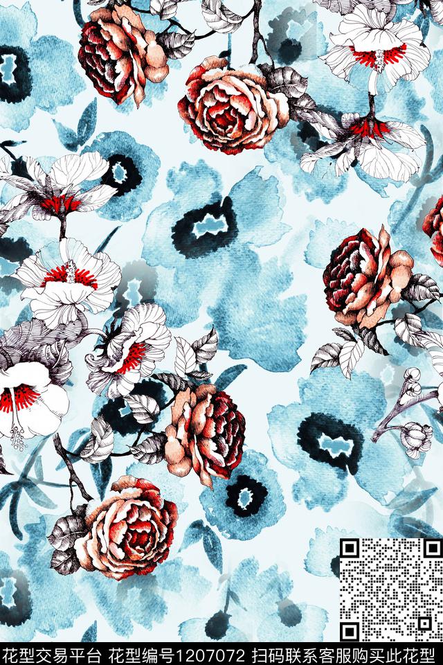 扎染华亿平台花卉大牌风数码印花华亿平台下载（图片编号: 1207072） - 瓦栏（Walan）