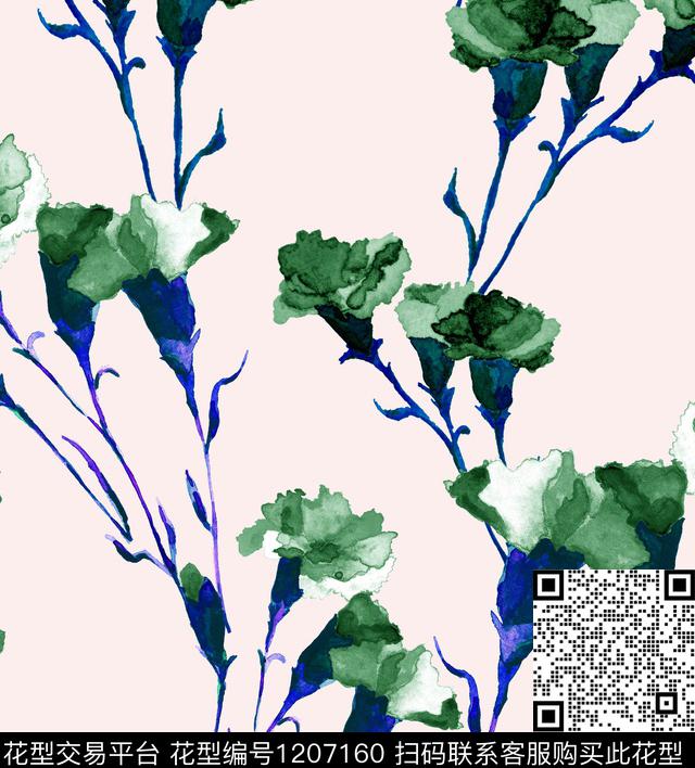 手绘花卉康乃馨Carnation数码印花华亿平台下载（图片编号: 1207160） - 瓦栏（Walan）