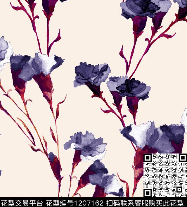 手绘花卉康乃馨Carnation数码印花华亿平台下载（图片编号: 1207162） - 瓦栏（Walan）