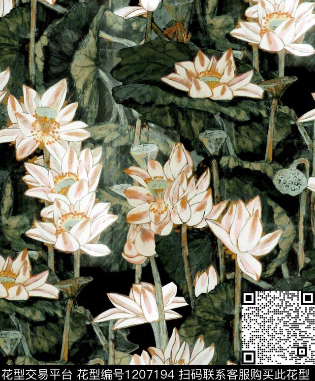 荷花LotusChinesestyle数码印花华亿平台下载（图片编号: 1207194） - 瓦栏（Walan）