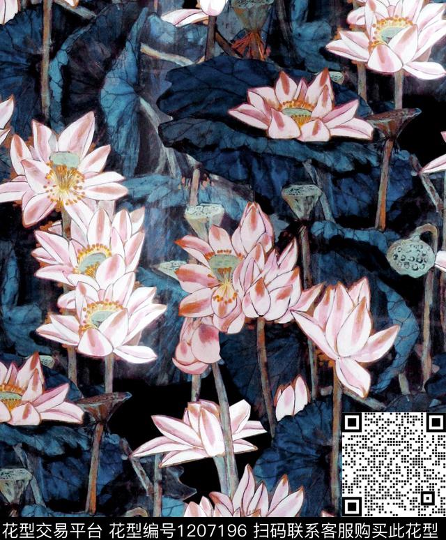 荷花LotusChinesestyle数码印花华亿平台下载（图片编号: 1207196） - 瓦栏（Walan）