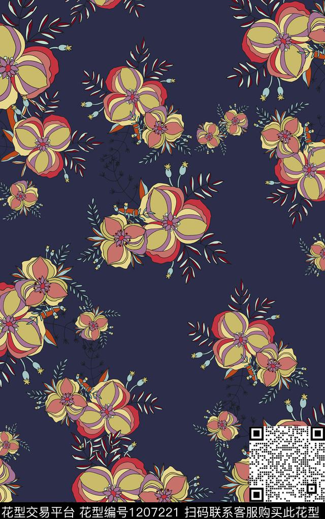 花卉线条简约数码印花华亿平台下载（图片编号: 1207221） - 瓦栏（Walan）