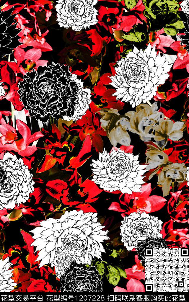 花卉线条简约数码印花华亿平台下载（图片编号: 1207228） - 瓦栏（Walan）