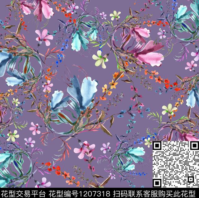 手绘花卉大牌风数码印花华亿平台下载（图片编号: 1207318） - 瓦栏（Walan）