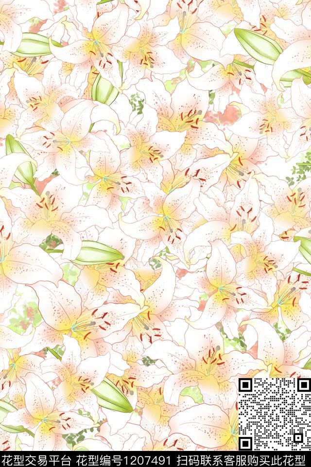 百合鲜花小清新数码印花华亿平台下载（图片编号: 1207491） - 瓦栏（Walan）