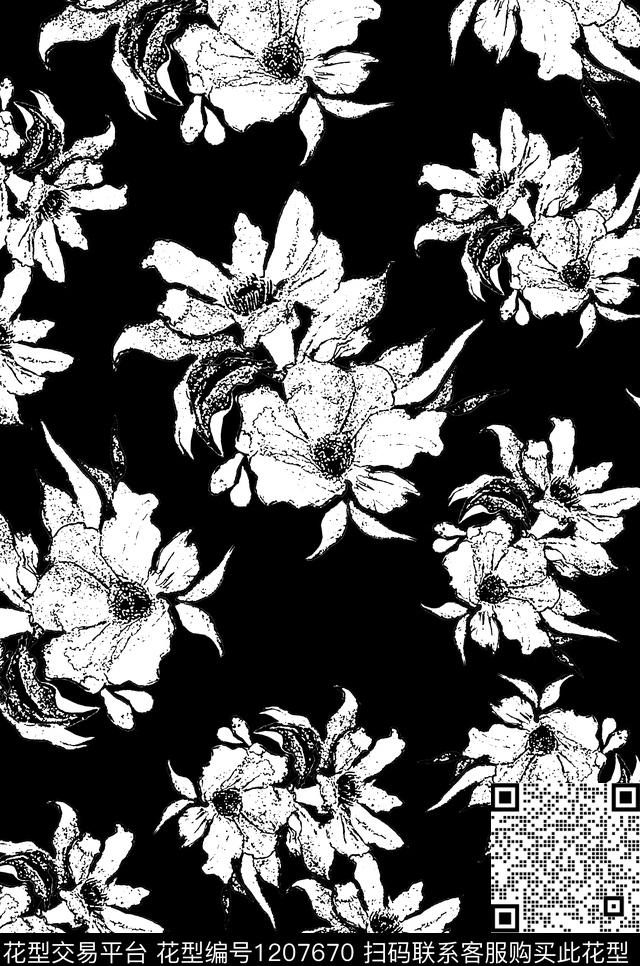 大花黑白华亿平台黑底花卉传统印花华亿平台下载（图片编号: 1207670） - 瓦栏（Walan）