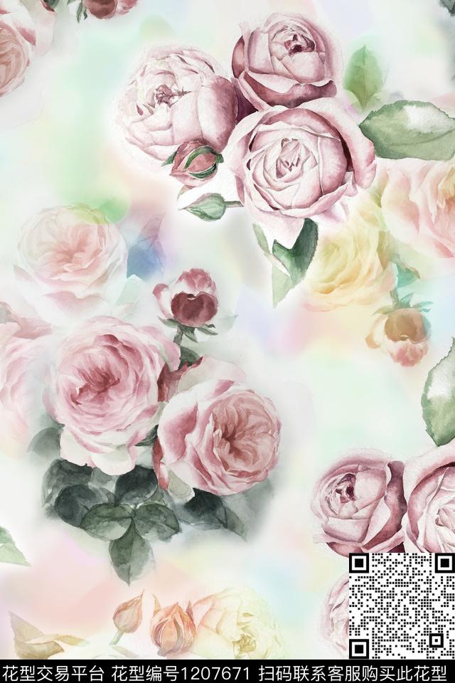 水彩花卉牡丹数码印花华亿平台下载（图片编号: 1207671） - 瓦栏（Walan）