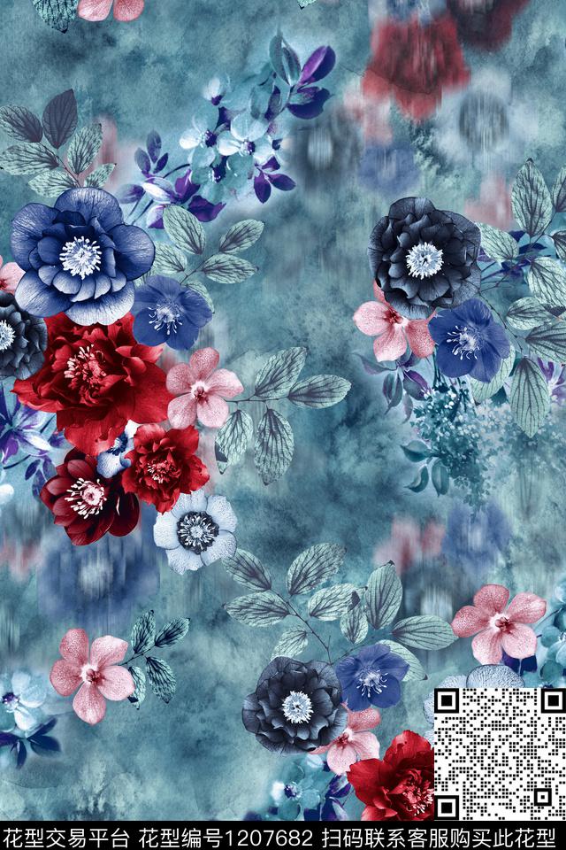 大花花卉朦胧花卉数码印花华亿平台下载（图片编号: 1207682） - 瓦栏（Walan）