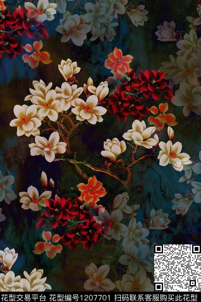 香云纱旗袍玉兰花数码印花华亿平台下载（图片编号: 1207701） - 瓦栏（Walan）