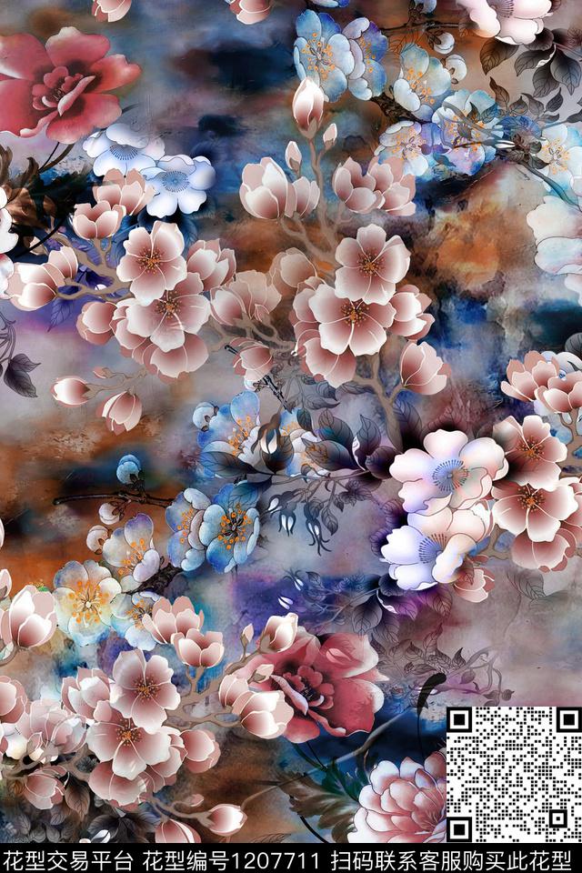 梅花复古中国风数码印花华亿平台下载（图片编号: 1207711） - 瓦栏（Walan）