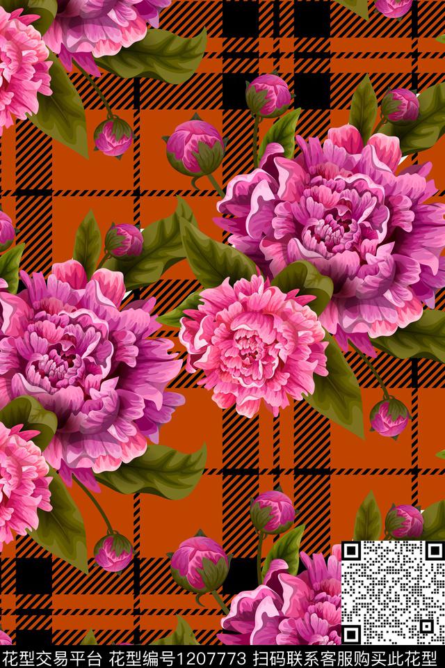 几何格子花卉数码印花华亿平台下载（图片编号: 1207773） - 瓦栏（Walan）