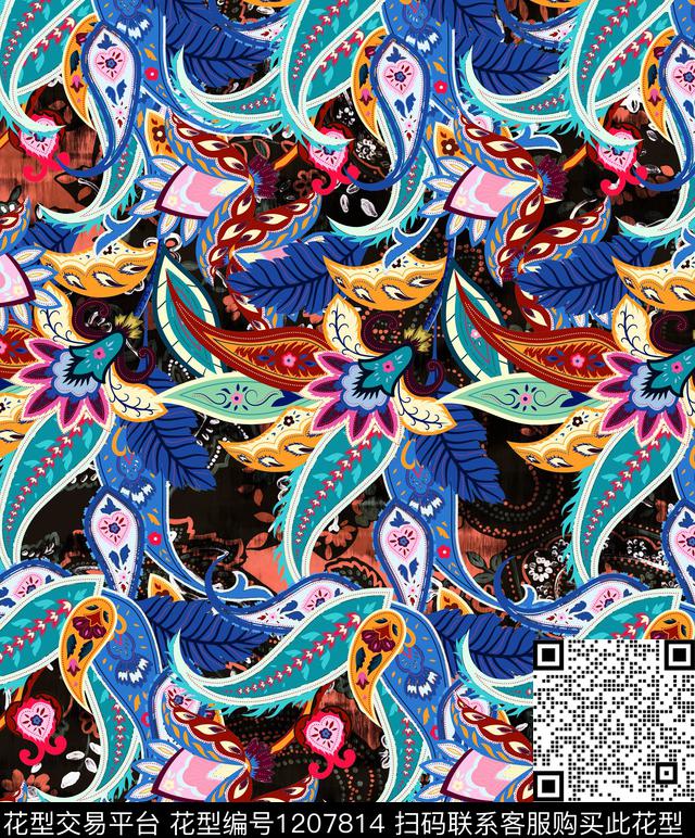 几何佩斯利花卉数码印花华亿平台下载（图片编号: 1207814） - 瓦栏（Walan）