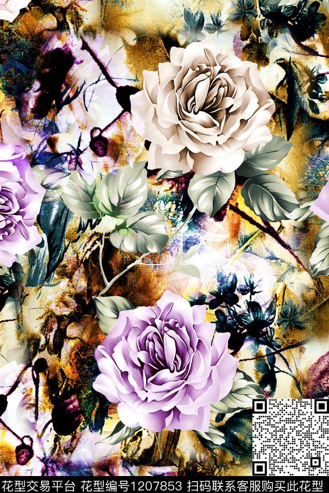 大花手绘花卉花卉底纹数码印花华亿平台下载（图片编号: 1207853） - 瓦栏（Walan）