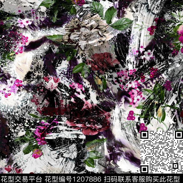 花卉黑底花卉中国风数码印花华亿平台下载（图片编号: 1207886） - 瓦栏（Walan）