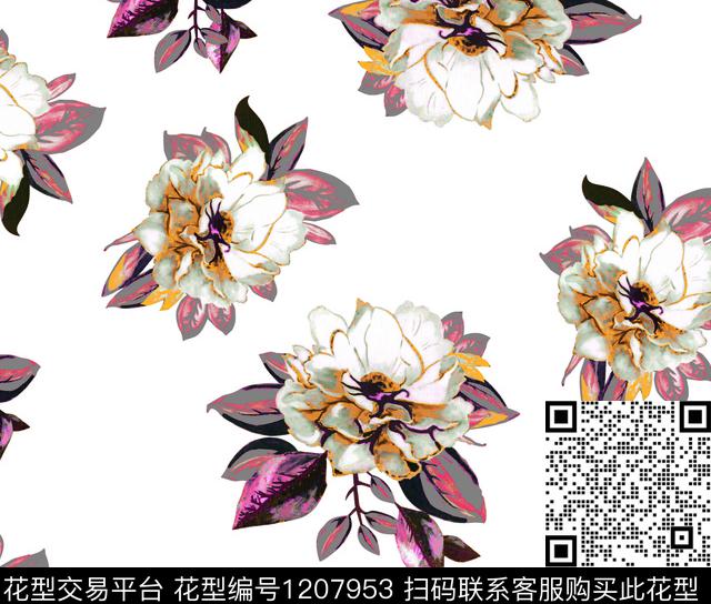 数码华亿平台清爽底花卉大花数码印花华亿平台下载（图片编号: 1207953） - 瓦栏（Walan）