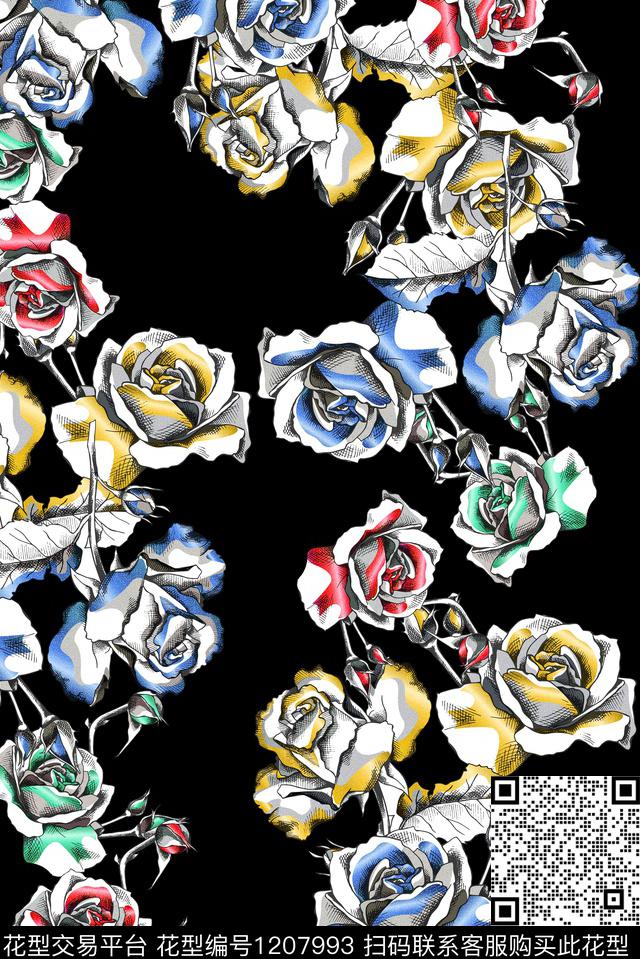 花卉复古满版散花数码印花华亿平台下载（图片编号: 1207993） - 瓦栏（Walan）