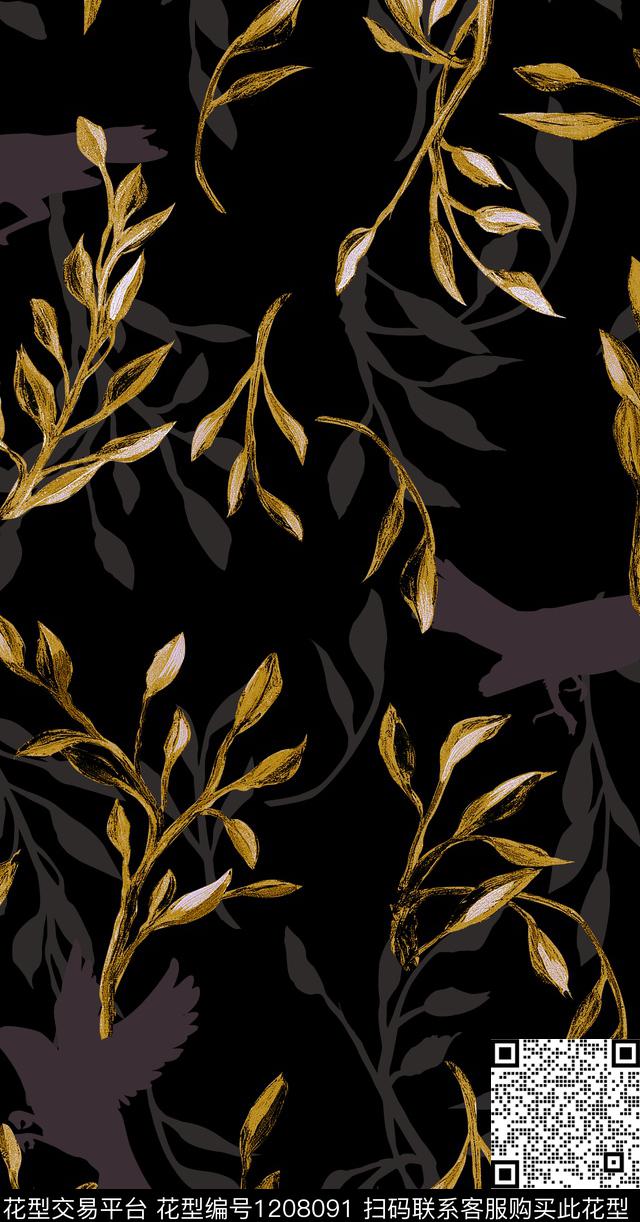 复古绿植树叶鸟数码印花华亿平台下载（图片编号: 1208091） - 瓦栏（Walan）