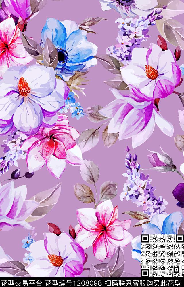 清爽底花卉玉兰花纯色底花卉数码印花华亿平台下载（图片编号: 1208098） - 瓦栏（Walan）