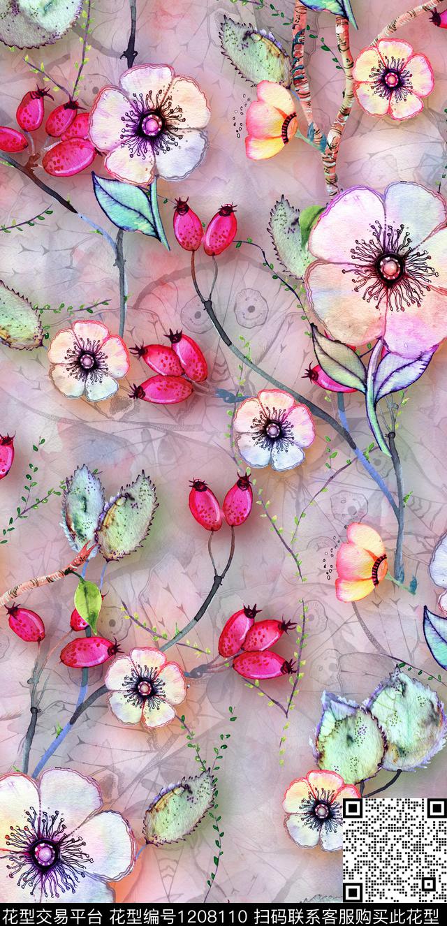 水彩花卉花卉小野果数码印花华亿平台下载（图片编号: 1208110） - 瓦栏（Walan）