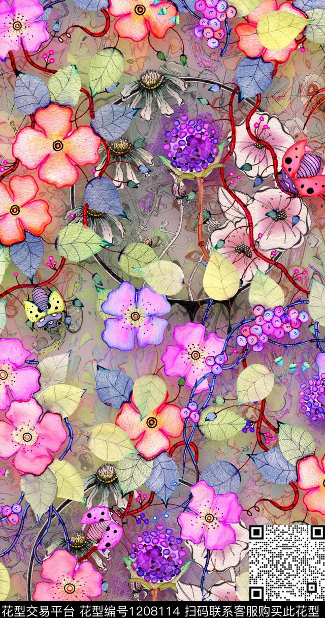 水彩花卉藤蔓花卉牵牛花小野花数码印花华亿平台下载（图片编号: 1208114） - 瓦栏（Walan）
