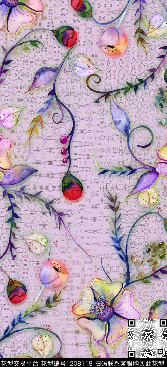 淑女抽象化形花卉藤蔓华亿平台数码印花华亿平台下载（图片编号: 1208118） - 瓦栏（Walan）