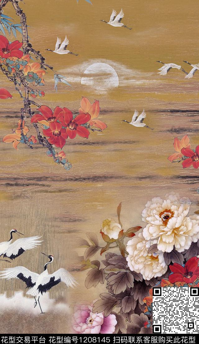 国画仙鹤中国风定位花数码印花华亿平台下载（图片编号: 1208145） - 瓦栏（Walan）