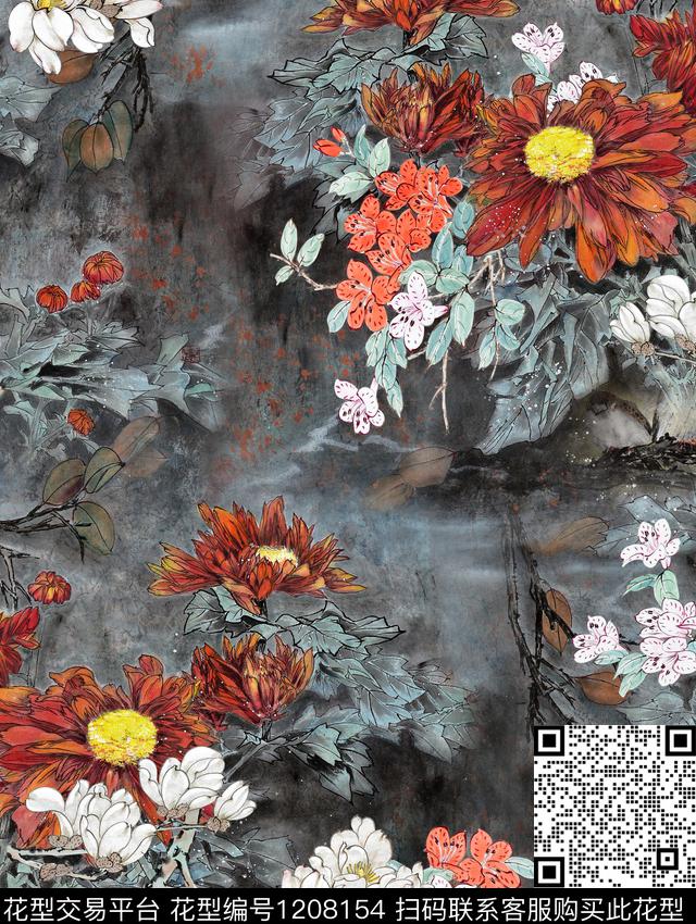 国画玉兰花中国风数码印花华亿平台下载（图片编号: 1208154） - 瓦栏（Walan）