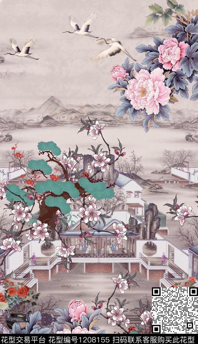 仙鹤人物中国风定位花数码印花华亿平台下载（图片编号: 1208155） - 瓦栏（Walan）