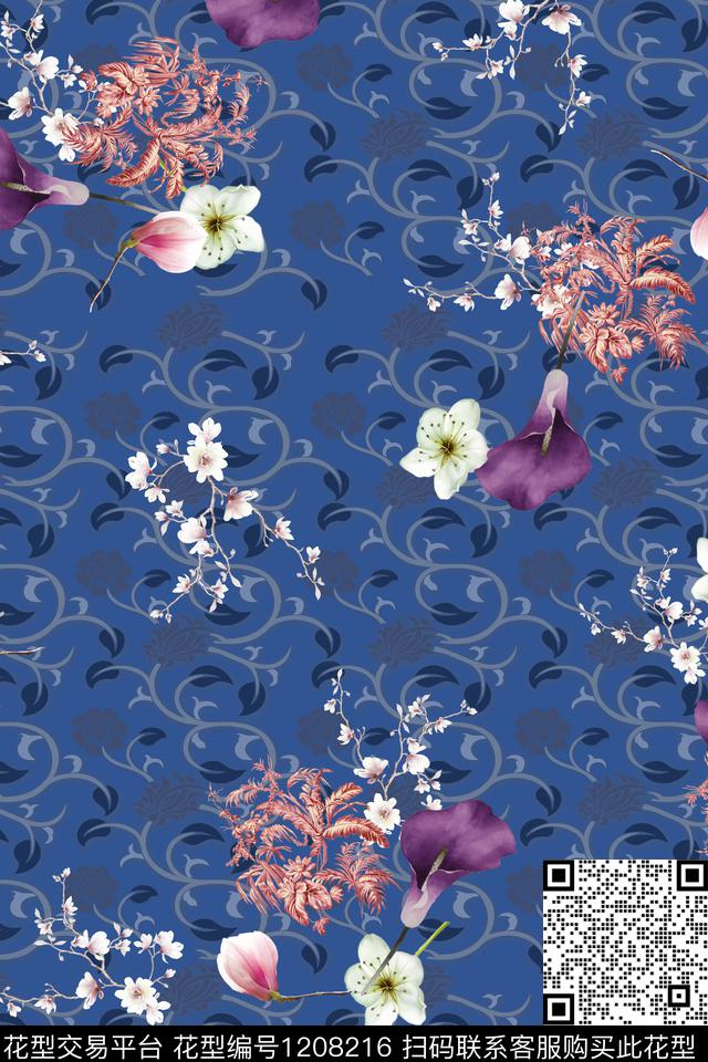 数码华亿平台彩底花卉大牌风数码印花华亿平台下载（图片编号: 1208216） - 瓦栏（Walan）